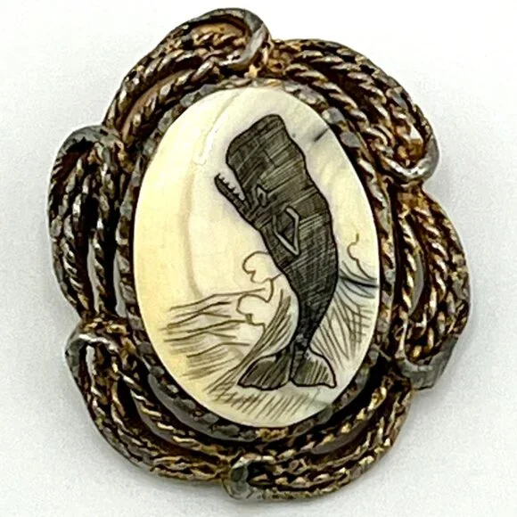 Vintage Scrimshaw Whale Brooch Pin Gold Tone Metal Setting 1.5" - Picture 1 of 4